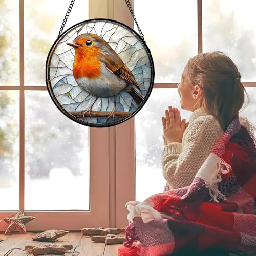 Brown Robin Stained Glass Window Hanging Suncatcher Gifts for Women 15" (Orange-white / 15x15 IN)