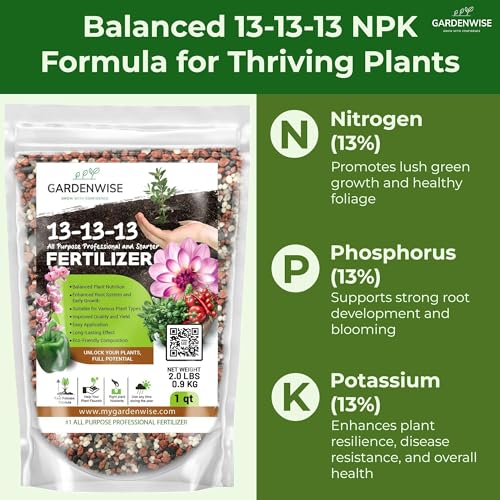 13-13-13 Slow Release Granular Fertilizer – All Purpose Plant Food 13 13 13 for Outdoor Grass, Vegetables, Roses, Flowers, Shrubs, Trees. Lawns, Gardens, Potted Plants (10 quarts) (320 Ounce)