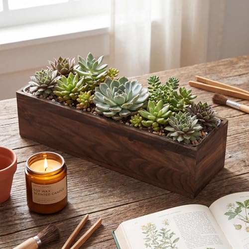 2 Set Wood Boxes for Centerpieces 16x4 Inch Rectangle Wooden Planter Box Rustic Wooden Planters with Removable Plastic Liner Floral Foam Blocks for Christmas Wedding Home Garden Decor (16 x 4 Inch / Brown)