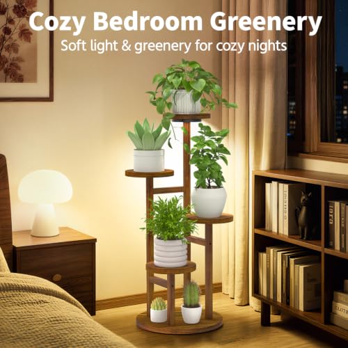 Wood Small Plant Stand Table Indoor Tall with Lights (Warm Brown with Light / 4 Tier)