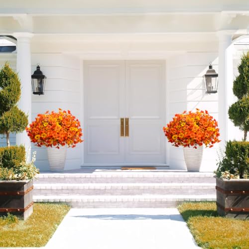 16 Bundles UV Resistant Artificial Fall Flowers Faux Mums for Outdoors (Yellow Orange)