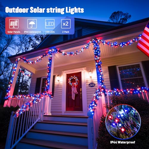 2 Pack Solar String Lights (Red White and Blue / 100LED*2)