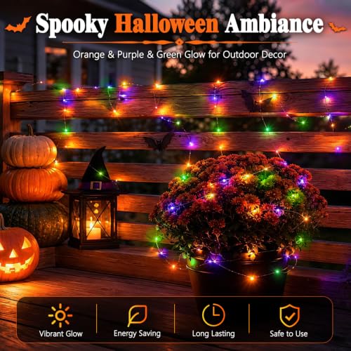 Halloween Solar Fairy Lights 2 Pack 16.4FT 50LED Each (Orange Purple & Green / 16.4ft)