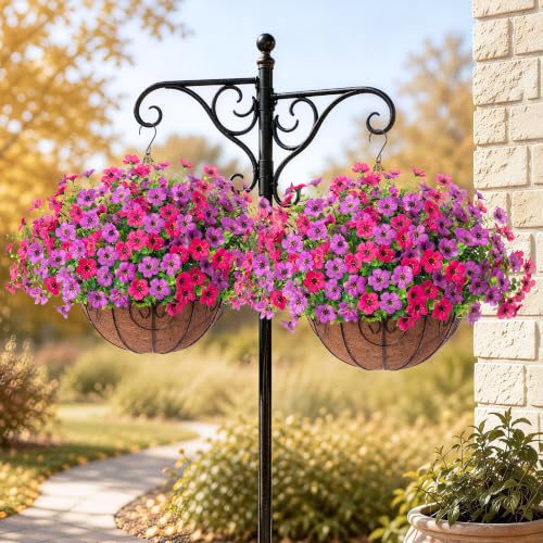 Artificial Faux Hanging Plants Flowers Basket for Spring Summer Outdoor Outside Decoration (Purple Pink)
