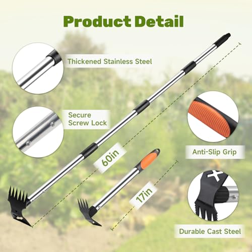 60" Weed Puller Tool with Long Handle and 17" Weeding Tools Gardening Set (Black)