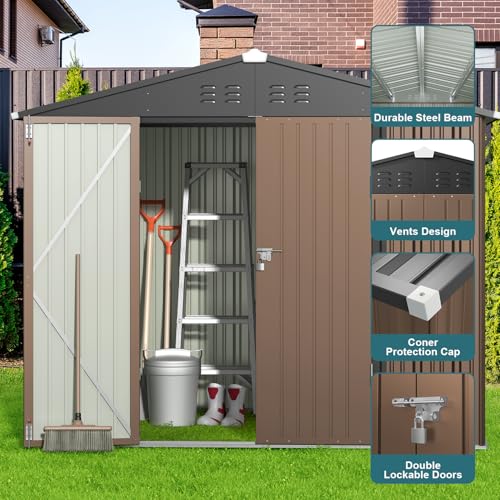 8 x 6 FT Outdoor Storage Shed (Brown / 8' x 6' FT/Peaked-roof)