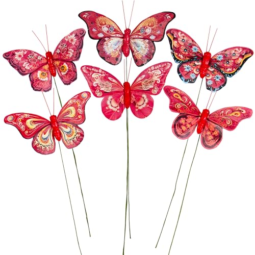 Artificial Feather 3D Butterfly Party Decorations Set of 12 with Wire 6 Color Red Series Ornaments for Home Decoration (F Wire)