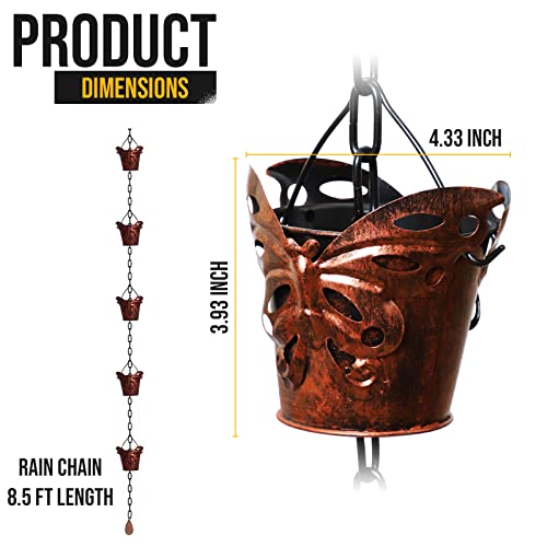 8.5FT Butterfly Iron Rain Chain for Gutters and Rain Barrel+Adapter (Bronze)