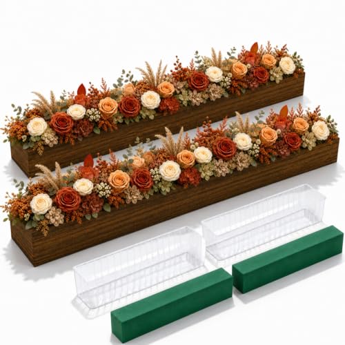 2 Set Wood Boxes for Centerpieces 28x5 Inch Rectangle Wooden Planter Box Rustic Wood Planter with Removable Plastic Liner Floral Foam Blocks for Christmas Wedding Home Garden Decor (28 x 5 Inch / Dark Brown)