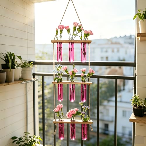Wall Hanging Propagation Station with Wooden Stand Pink (Pink-9 Tube Vase)