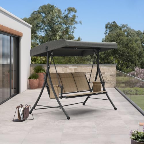 3 Seat Outdoor Porch Swing with Adjustable Canopy (Camel(textilene) / Porch Swing)