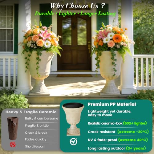 Autodaya 22"Tall Large Urn Planters for Outdoor Plants Set of 2 Flower Pots (22"-antique Ivory)