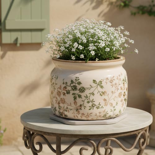 Country Cottage Ceramic Plant Pots with Decorative Tray (Sage Beige / 7.7 in - w/ Saucer)