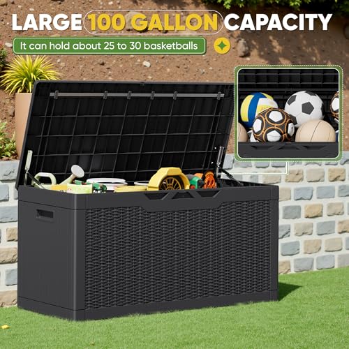 Outdoor Storage Box 100 Gallon Storage Bin with Lid for Patio Furniture (Black / 100 Gallon)
