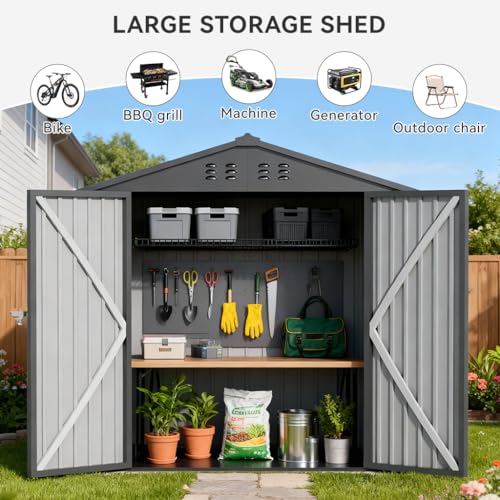 6'x4' Shed Outdoor Storage Metal with Lockable Doors & Vents (Gray / 6'*4')