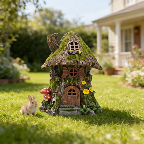Solar Powered Mossy Tree House Sculpture with Doors (Mossy Treehouse)