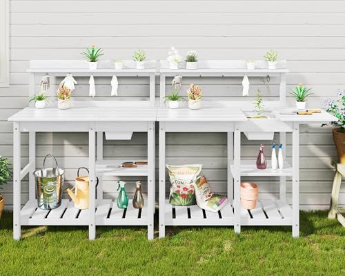 Outdoor Potting Bench Set of 2 with Sink (White / Classic)