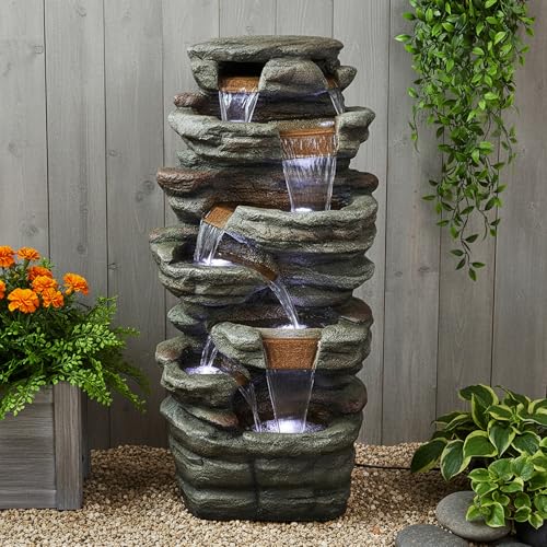 48" High 7 Tiers Cascading Rock Outdoor Water Fountain with LED Lights (48inch / Gray_6)