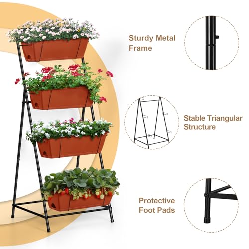 4 Tier Vertical Raised Garden Bed Planters for Outdoor Plants Herb Garden Planter with Drainage Holes Standing Garden Planters for Herbs Flowers Vegetables Plants (Brick Red)