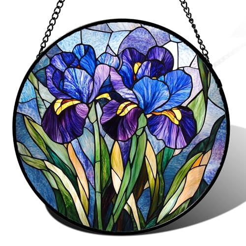 Blue Purple Iris Flowers Stained Glass Window Hanging Suncatcher Gifts 6.3" (Purple / 6.3x6.3 IN)