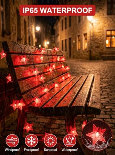 Solar Twinkle Star String Lights Outdoor Waterproof 39FT (Red)
