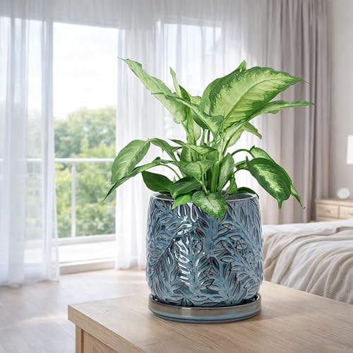 Embossed Leaves Ceramic Planter (6 Inch / Ocean Teal)