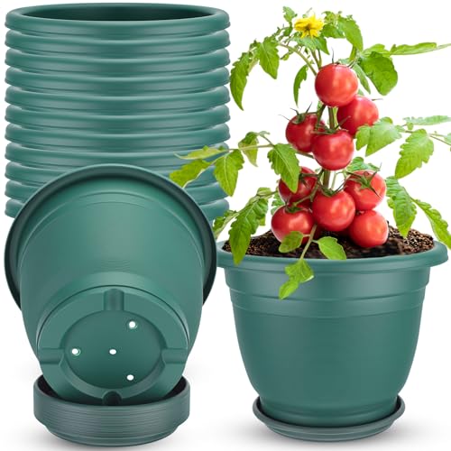 12 Pcs 8+'' Plastic Plant Pots Round Planter Pots with Saucer Tray Seedling Pot Hole Seed Resin Plant Pot Starting Nursery Flower Container with Pallet for Garden Outdoor Indoor (Green / 8.66'')