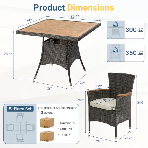Rattan Patio Table and Chairs Set with Acacia Wood Tabletop (Grey-beige / 5-Pieces)
