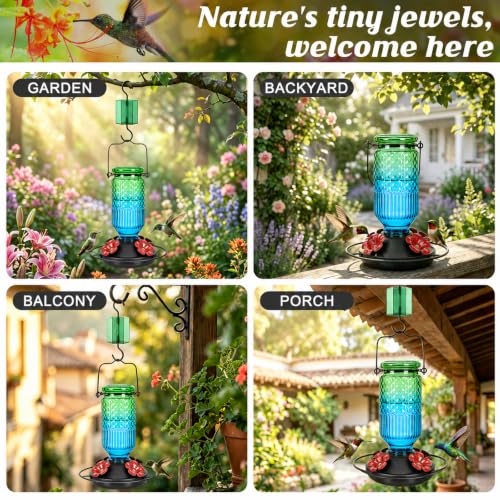 Glass Hummingbird Feeder for Outdoors (Green-Blue Ombre)