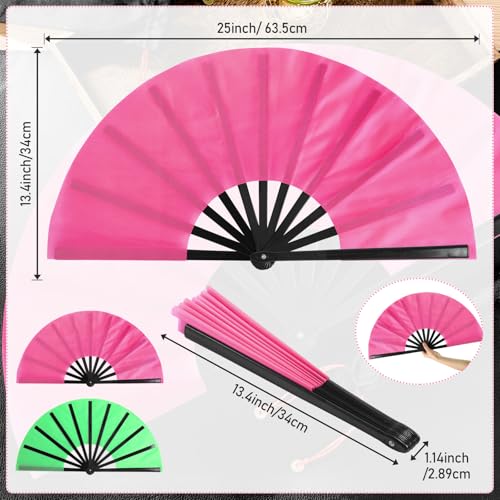 2 Packs Large Folding Hand Fans (Green and Rose Red)