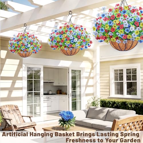 2 Set Artfiticial Hanging Flowers with Basket & Foam Outdoor (Red White Blue Yellow / 2 Pcs)