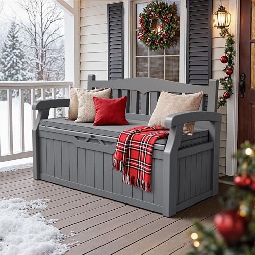 80 Gallon Resin Outdoor Storage Bench with Cushion. Waterproof (Grey / 80 Gal with Cushion)