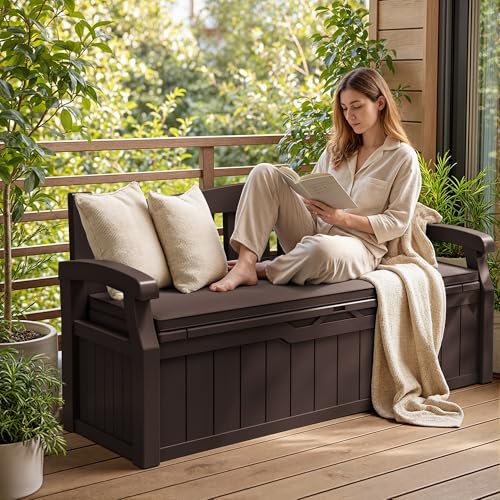 80 Gallon Resin Outdoor Storage Bench with Cushion (Brown / 80 Gal with Cushion)