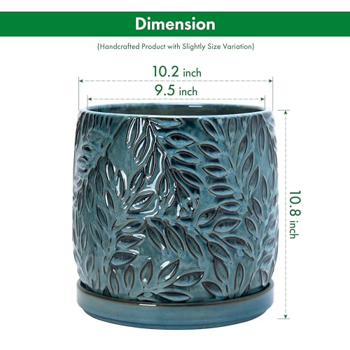 Embossed Leaves Ceramic Planter (10 Inch / Ocean Teal)