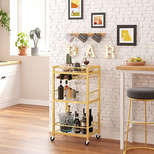 Gold Bar Cart with 3 Mirrored Shelves (Gold（3 Tier）)