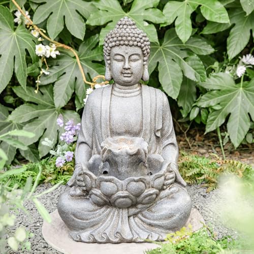 Buddha Fountain Outdoor with Pump & LED Light 23.25" H (Concrete Buddha W/Lotus Leaf&flower Basins / 23.25"H)