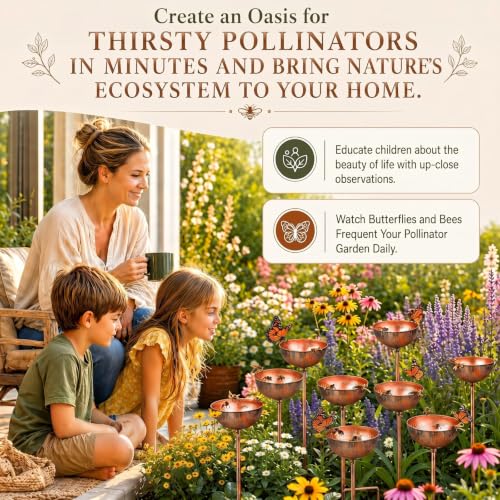 9 Pcs Bee Watering Station for Garden Metal Watering Cup (Copper)