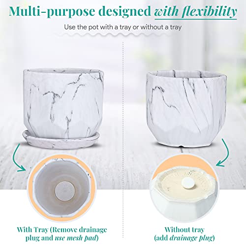 White Plant Pots Set of 2 Planters 4 and 5 Inch with Saucer Tray (Marble White)