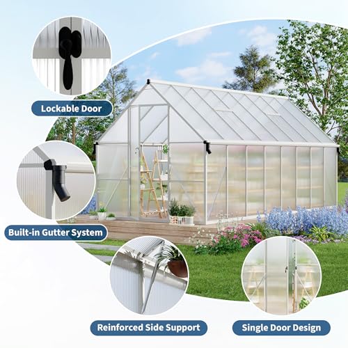 8X16FT Polycarbonate Greenhouse with Aluminum Frame (Silver / 8X16FT)