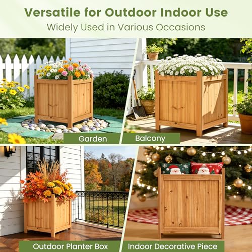 2 Pack 16" Square Fir Wood Planter Boxes with Drainage Holes (Square Planter Boxes-natural Fir Wood Color)