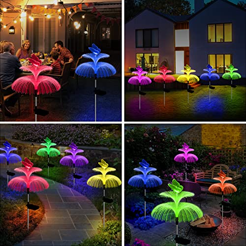 Solar Garden Lights Waterproof 6 Pack Solar Lights Outdoor Decorative 7 Color Changing Double Jellyfish and Butterfly Flower Yard Garden Decor Lawn Christmas Outside