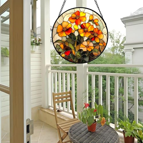 Orange Calendula Flower Stained Glass Window Hanging Suncatcher Gifts 12" (Orange / 11.8x11.8 IN)