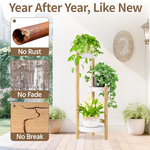 Plant Stand Table Tall for Indoor Corner (Standard White-Bamboo / 3 Tier)