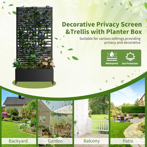 Metal Planter Box with Trellis and Wheels (Black / Rectangular D)