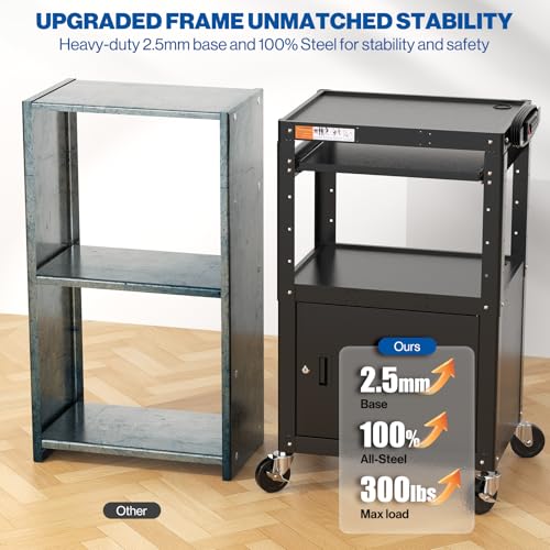 AV Cart Adjustable Height Rolling Computer Cart with Locking Cabinet (Large with Cabinet)