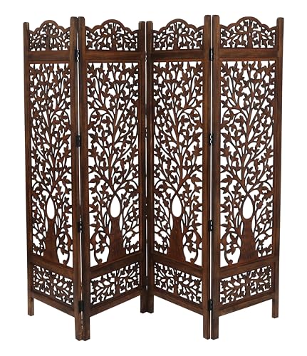 Room Divider Wooden Foldable Hand Carved Screens Panel_80" Wx72 H_4Panel (Burnt / 80"W x 72"H - Tree)