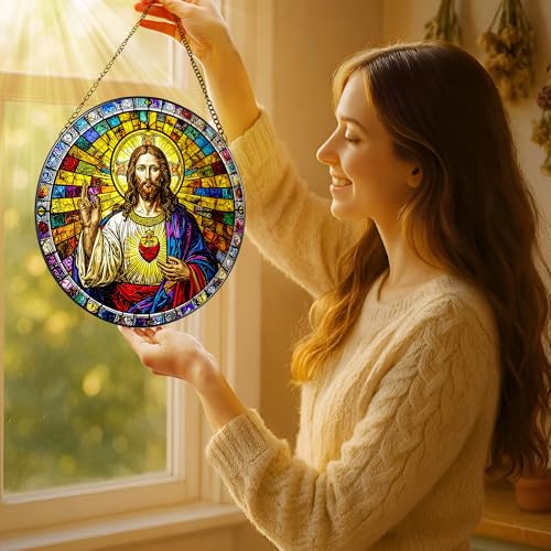 8'' Sacred Heart of Jesus Stained Glass Suncatcher (Jesus-a)