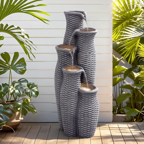AUTODAYA 33" H Outdoor Water Fountain (Light Gray Faux Rattan 33"h)