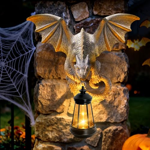 Solar Dragon Tree Hugger Garden Statue (Stone Grey - Dragon with Lantern)