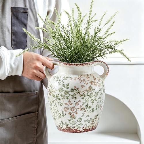 Vintage Vase Chinoiserie Ceramic Flower Vase with Double Handles (01-green and Beige-7.8 Inch)